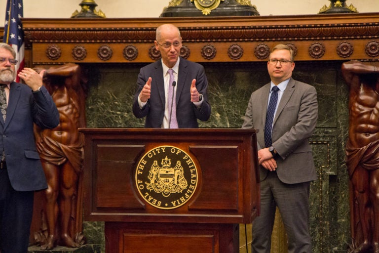 Philadelphia Health Commissioner Dr. Thomas Farley and Managing Director Brian Abernathy urge Philadelphians to avoid large public gathers at a press conference announcing the first confirmed case of COVID-19 in the city. (Kimberly Paynter/WHYY)