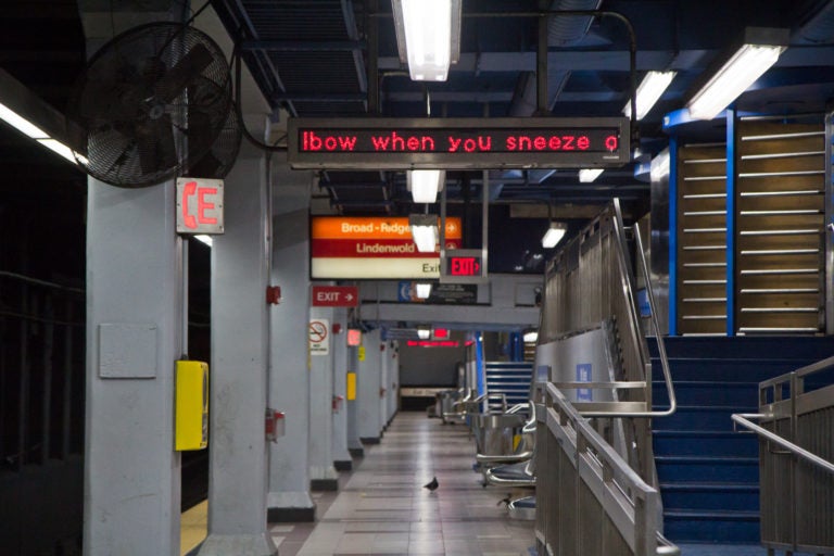 The 8th Street Market Frankford line platform was deserted Tuesday afternoon and an announcement and scrolling message instructed riders to cover their noses and mouths when sneezing. (Kimberly Paynter/WHYY)