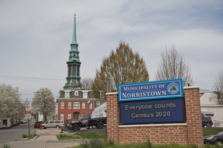 A digital information sign at Norristown’s municipal complex advertises the 2020 census. (Kimberly Paynter/WHYY)