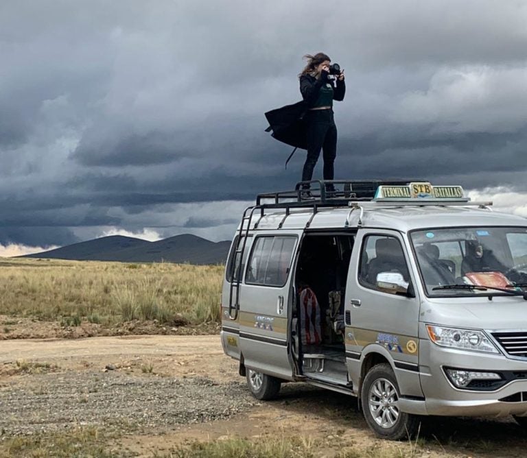 George School senior, Julia Carrigan, preparing for a film shoot in La Paz, Bolivia. (Photo courtesy of Emily Blanck)