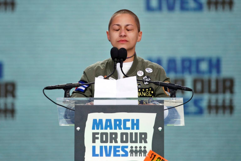 FILE - In this March 24, 2018 file photo, Emma Gonzalez, a survivor of the mass shooting at Marjory Stoneman Douglas High School in Parkland, Fla., closes her eyes and cries as she stands silently at the podium for the amount of time it took the Parkland shooter to go on his killing spree during the 