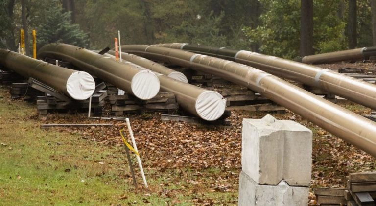 In this Tuesday, Oct. 22, 2019 photo, pipes lay along a construction site on the Mariner East pipeline in a residential neighborhood in Exton, Pa. (Matt Rourke / AP Photo)