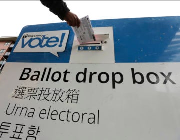 Voters drop off ballots in the Washington State primary, Tuesday, March 10, 2020 in Seattle. Washington is a vote by mail state. (AP Photo/John Froschauer)