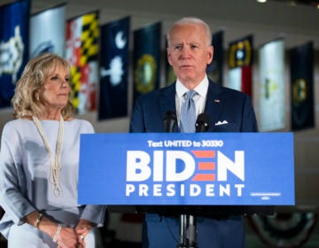 Democratic presidential candidate former Vice President Joe Biden, accompanied by his wife Jill, speaks to members of the press at the National Constitution Center in Philadelphia, Tuesday, March 10, 2020. (Matt Rourke/AP Photo)