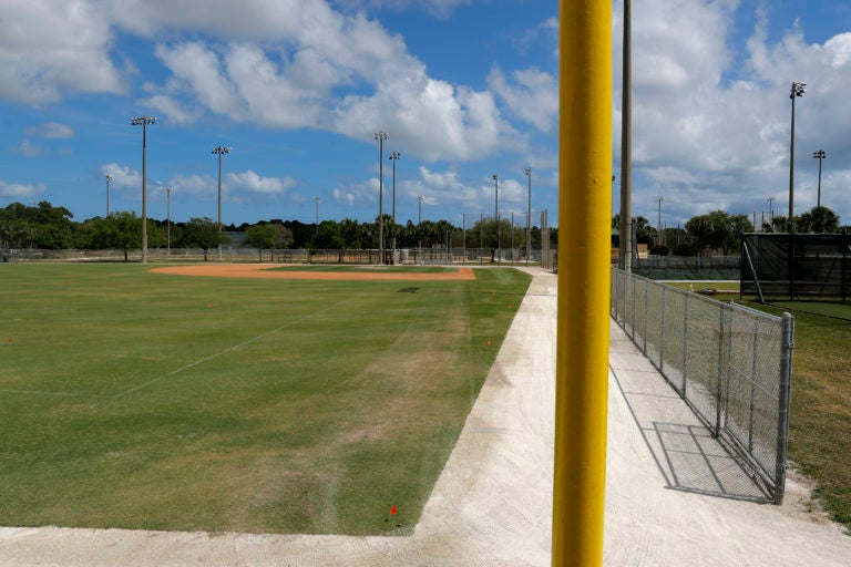 An empty practice field is seen at the Miami Marlins spring training baseball facility, Monday, March 16, 2020, in Jupiter, Fla. (Julio Cortez/AP Photo)