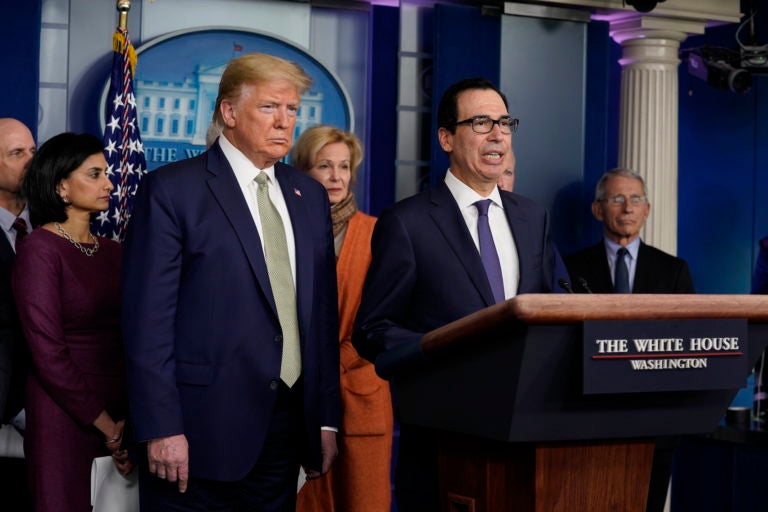 Treasury Secretary Steven Mnuchin speaks during a press briefing with the coronavirus task force, at the White House, Tuesday, March 17, 2020, in Washington, as President Donald Trump looks on. (Evan Vucci/AP Photo)