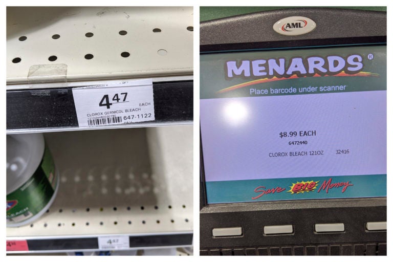 This combination of March 11, 2020 photos made by investigators with the Michigan Attorney General's Office shows a $4.47 shelf price sticker for a gallon of Clorox bleach and $8.99 on a price scanner for the same item at a Menards store in Jackson, Mich. (Michigan Attorney General's Office via AP)