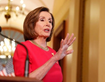 House Speaker Nancy Pelosi of Calif. speaks outside her office on Capitol Hill, Monday, March 23, 2020. (AP Photo/Andrew Harnik, Pool)