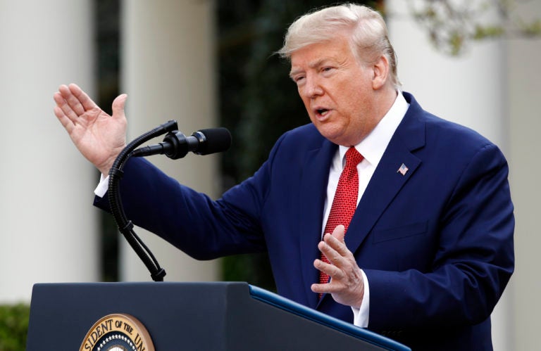 President Donald Trump speaks during a coronavirus task force briefing in the Rose Garden of the White House, Sunday, March 29, 2020, in Washington. (Patrick Semansky/AP Photo)