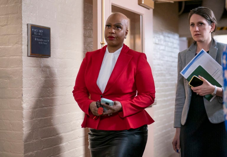 Rep. Ayanna Pressley, D-Mass., and other House Democrats arrive to meet with Speaker of the House Nancy Pelosi, D-Calif., on Capitol Hill in Washington. (J. Scott Applewhite/AP Photo, File)