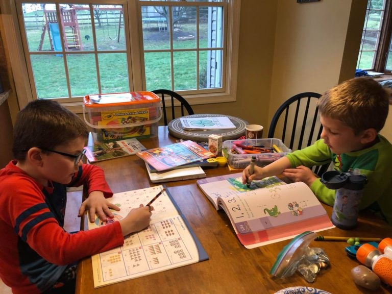 Tara Ryan-Schill's sons Andrew, left, and Luke, right, doing schoolwork at home. Andrew is an 8-year-old on the autism spectrum. (Courtesy of Tara Ryan-Schill)