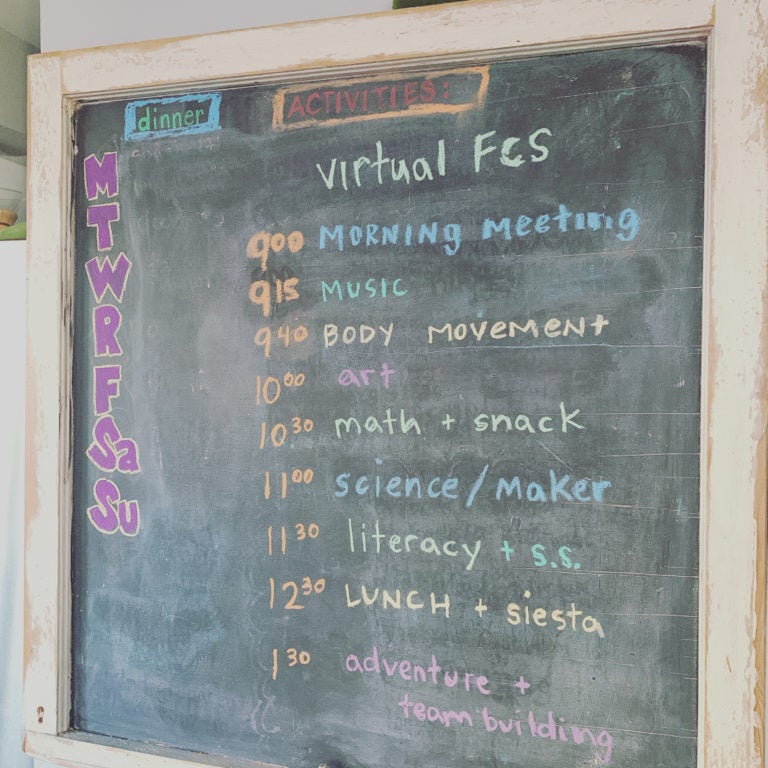 Friends’ Central School teacher and mother of two, Tiffany Borsch, creates routine at home amid school closures with daily chalkboard schedule. (Photo courtesy of Tiffany Borsch)