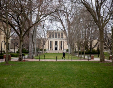 A student walks alone at Penn State’s University Park campus, where coronavirus has suspended in-person classes. (Min Xian / WPSU)