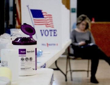 Poll worker Dina Sebold waits for voters at Cecelia Snyder Middle School in Bensalem during a special election for a vacant seat in the Pennsylvania House of Representatives. Hand sanitizer and wipes were made available to voters, many of whom brought their own pens. (Emma Lee/WHYY)