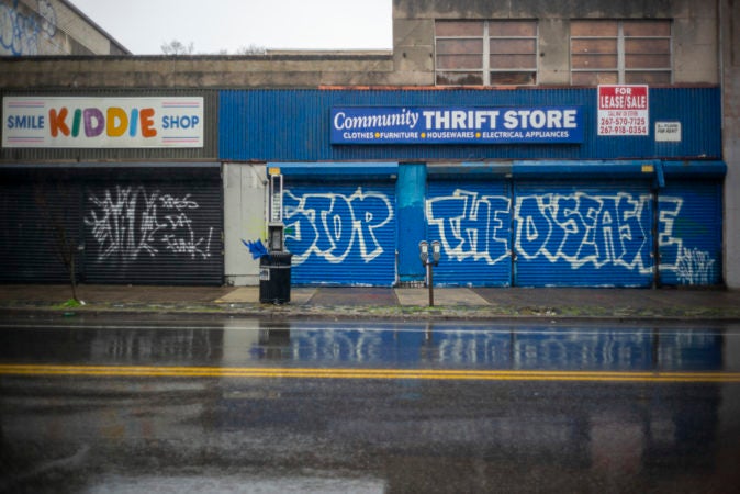 Stores on Chelten Ave. in the Germantown section of Philadelphia are closed during the stay-at-home order. (Jessica Kourkounis for Keystone Crossroads)