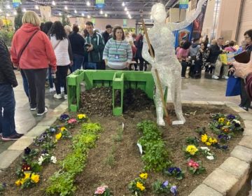 Teacher Nora Melley in front of the Lincoln High School exhibit at the Philadelphia Flower Show. (The Notebook)