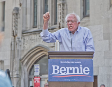 Democratic presidential candidate Bernie Sanders at a rally to save Hahnemann Hospital last year. (Kimberly Paynter/WHYY)