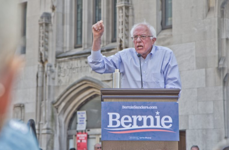 Democratic presidential candidate Bernie Sanders at a rally to save Hahnemann Hospital last year. (Kimberly Paynter/WHYY)