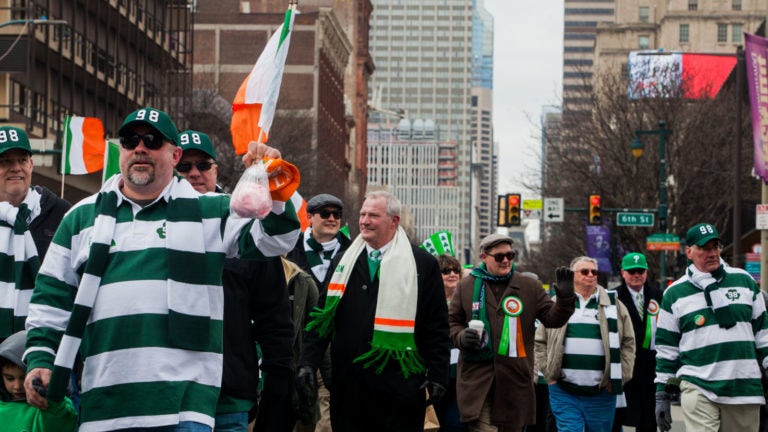 State Supreme Court Justice Kevin Dougherty marched with Electricians Local Union 98 during the 2017 Saint Patrick's Day Parade, in Philadelphia. (Brad Larrison for WHYY)