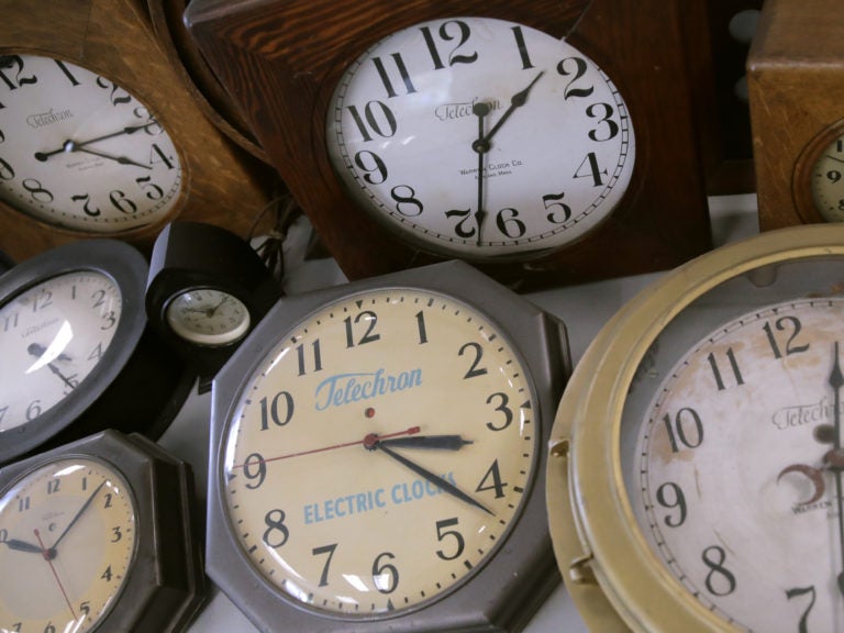 Antique clocks are displayed at the Electric Time Company in Medfield, Mass. Daylight saving time returns Sunday at 2 a.m. local time. (Charles Krupa/AP Photo)