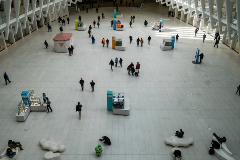 The Oculus transportation hub in New York, on Monday. The governors of New York, New Jersey and Connecticut have banned all gatherings of 50 or more people, and said bars, restaurants, casinos and gyms must close. (Gabriela Bhaskar/Bloomberg via Getty Images)
