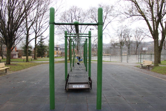 Swings sit empty in Pittsburgh’s Arsenal Park on Monday, March 23, 2020. (Katie Blackley/WESA)