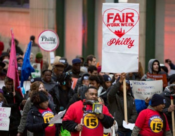 Fast food and retail workers rally for a 'fair workweek' in 2018 JAMES BLOCKER / PHILADELPHIA INQUIRER VIA BROKE IN PHILLY