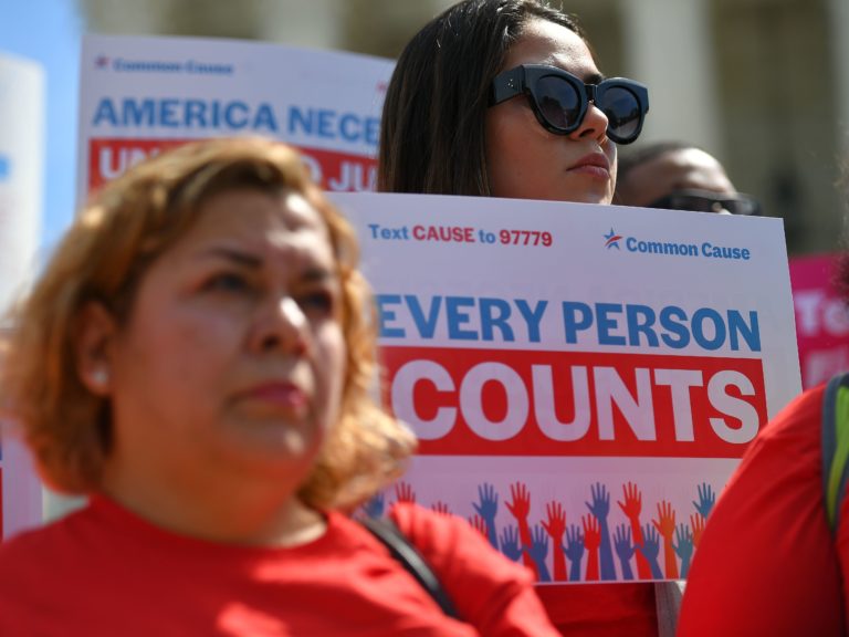 Demonstrators rally in Washington, D.C., in April 2019 against the now-blocked citizenship question that the Trump administration tried and failed to get on the 2020 census forms. (Mandel Ngan/AFP via Getty Images)