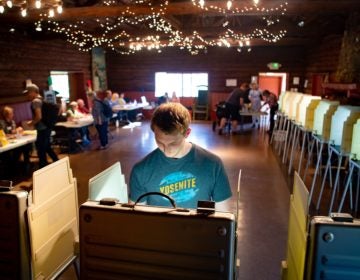 Voters fill out their ballots for the presidential primary in a log cabin run by the American Legion in San Anselmo, Calif., on Super Tuesday, March 3, 2020. While no significant foreign interference was detected, election and law enforcement officials are closely monitoring this year's primaries. (John Edelson/AFP via Getty Images)
