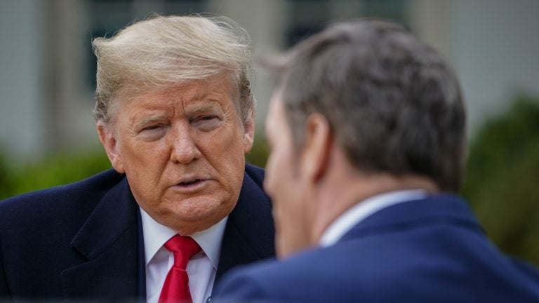 President Trump speaks with anchor Bill Hemmer during a Fox News virtual town hall from the Rose Garden of the White House on Tuesday. (Mandel Ngan/AFP via Getty Images)