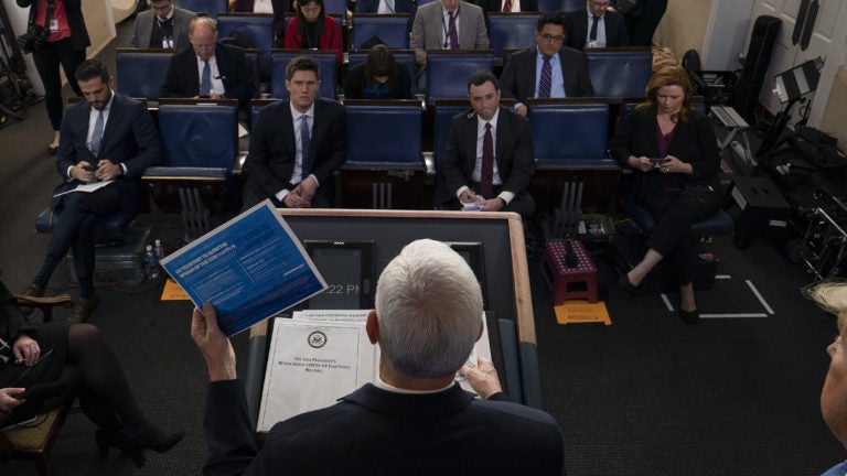 Vice President Pence speaks during a briefing at the White House on Saturday. The coronavirus task force is holding another briefing on Monday afternoon. Vice President Pence speaks during a briefing at the White House on Saturday. The coronavirus task force is holding another briefing on Monday afternoon. (Tasos Katopodis/Getty Images)
