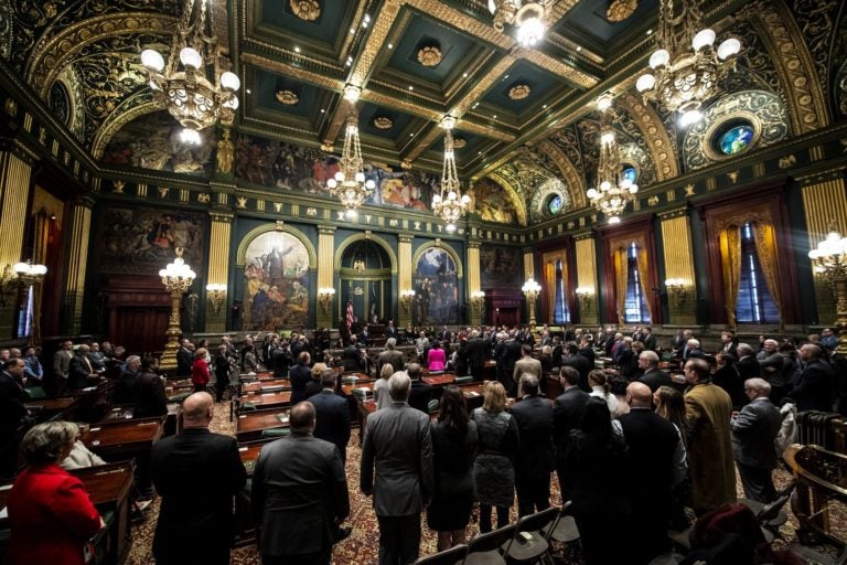 Lt. Gov. John Fetterman is sworn in by Judge, Deborah Kunselman, during a Ceremony in the senate chambers at the Pennsylvania State Capitol in Harrisburg, Pa.Tuesday, January 15, 2019. JOSE F. MORENO / Philadelphia Inquirer)