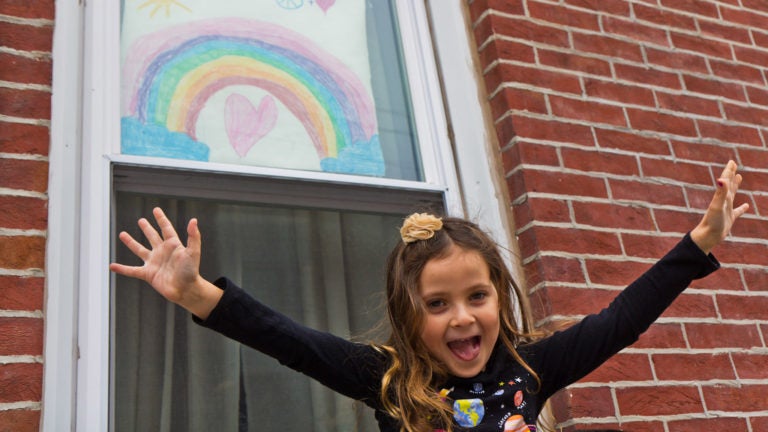 Bowie Moon Porter drew this rainbow for other kids on the rainbow hunt through Philadelphia’s Fishtown neighborhood. (Kimberly Paynter/WHYY)