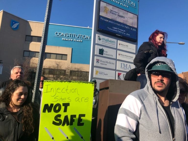 File photo: Hundreds gathered in South Philly to celebrate the temporary defeat of a supervised injection site in their neighborhood and protest putting one there in the future. (Nina Feldman/WHYY)