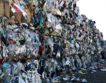 A wall of plastic trash at Garten Services in Salem, Ore., is headed to the landfill. The vast majority of plastic can't be or won't be recycled. (Laura Sullivan / NPR)