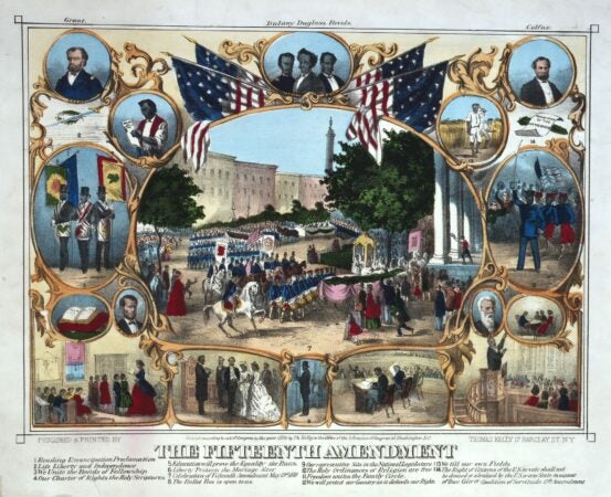 This 1870 poster depicted the Fifteenth Amendment's impact and the parades held to celebrate it. The portraits include  Frederick Douglass, his fellow activist Martin Delany, John Brown, Presidents Lincoln and Grant, and Hiram Revels of Mississippi, the first African American to serve in the Senate. (Library of Congress)