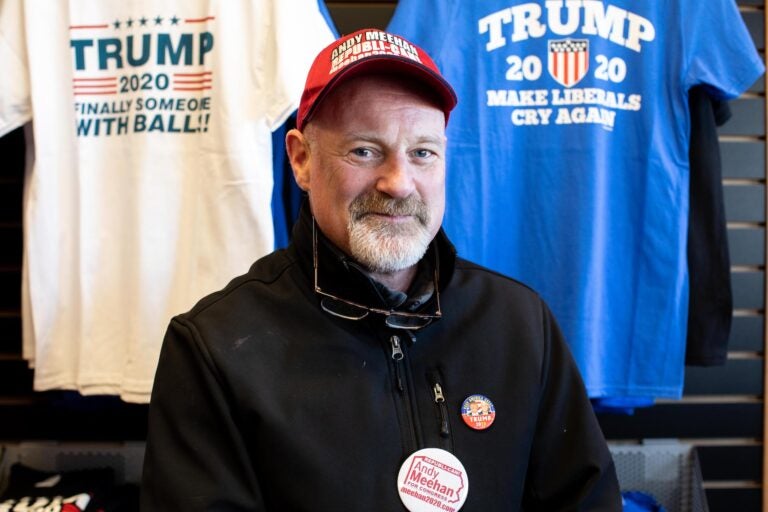 Andy Meehan is running for Congress in Pennsylvania's First Congressional District against incumbent Republican Brian Fitzpatrick. In February, he found the Trump Store to be a great location to collect signatures for the ballot. (Becca Haydu for WHYY)