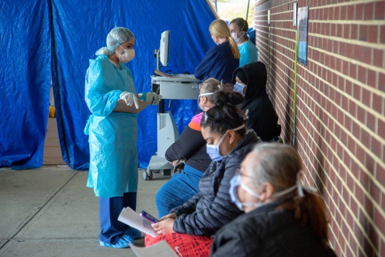 People line up for COVID-19 testing at Holy Name Medical Center in Teaneck, New Jersey, on March 17, 2020. (Jeff Rhode/Holy Name Medical Center)