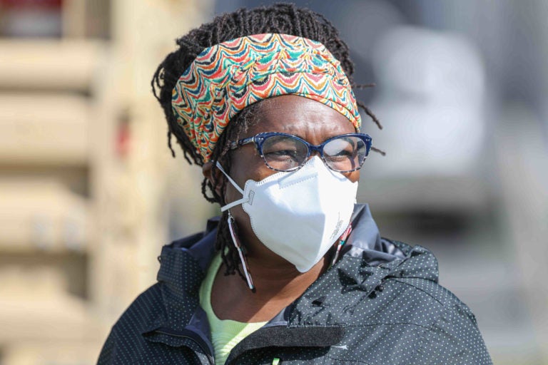 Appoquinimink School District social worker Jackee Wade at the Fredrick Lodge Manufactured Home Community in Townsend, Del. on Wednesday, April 8, 2020. (Saquan Stimpson for WHYY)