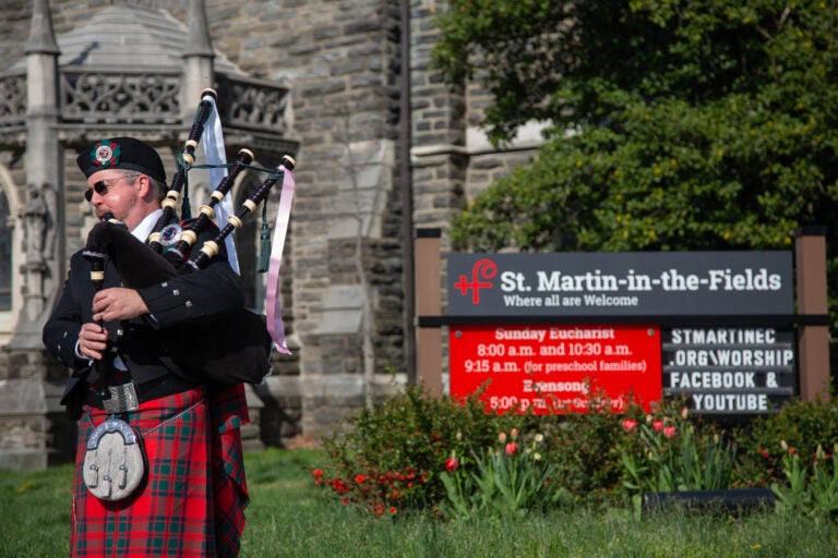 Rod Nevin, from Reading, brings Easter hymns to a Chestnut Hill neighborhood in an attempt to bring joy for those sheltered-at-home, on April 12, 2020. (Emily Cohen for WHYY)