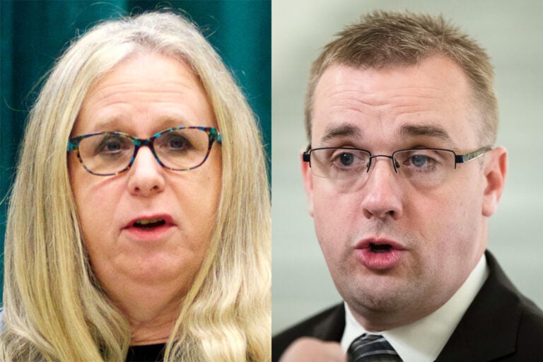 Pennsylvania Secretary of Health Dr. Rachel Levine (left) and House Majority Leader Bryan Cutler, R-Lancaster County (right). (WHYY and AP file photos)