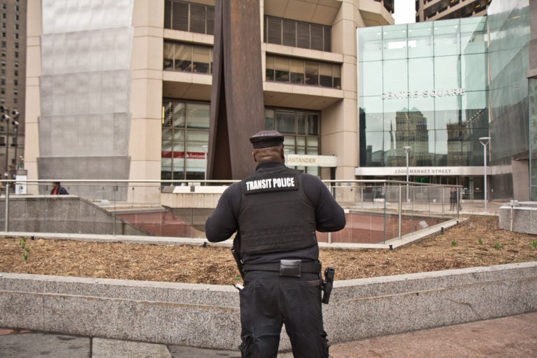 Transit police stand outside the Clothes Pin in Center City. (Kimberly Paynter/WHYY)