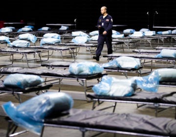 Pennsylvania Task Force 1 member Greg Rogalski walks amongst the beds of a Federal Medical Station for hospital surge capacity set up at Temple University's Liacouras Center in Philadelphia, Monday, March 30, 2020. (AP Photo/Matt Rourke)