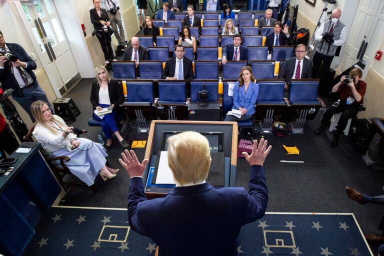 President Donald Trump speaks about the coronavirus in the James Brady Press Briefing Room of the White House, Monday, April 6, 2020, in Washington. (AP Photo/Alex Brandon)