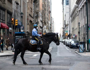 A mounted officer patrols while wearing a face mask to protect against the spread of new coronavirus, in Philadelphia, Wednesday, April 8, 2020. (AP Photo/Matt Rourke)