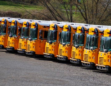 School buses are parked at a depot Thursday, April 9, 2020, in Zelienople, Pa. (AP Photo/Keith Srakocic)