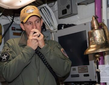 Capt. Brett Crozier, commanding officer of the aircraft carrier USS Theodore Roosevelt (CVN 71), addresses the crew  Jan. 17, 2020. (U.S. Navy photo by Mass Communication Specialist Seaman Alexander Williams)