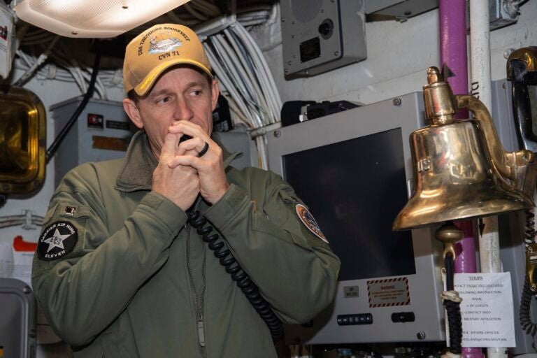 Capt. Brett Crozier, commanding officer of the aircraft carrier USS Theodore Roosevelt (CVN 71), addresses the crew  Jan. 17, 2020. (U.S. Navy photo by Mass Communication Specialist Seaman Alexander Williams)