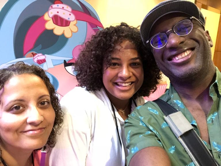 The author (center) with her parents at BlerdCon. Courtesy of Joycelin Farmer.