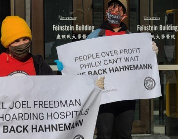 Members of Put People First! PA protest in front of the shuttered Hahnemann Hospital on Apr. 2, 2020. (Mark Henninger/Imagic Digital)